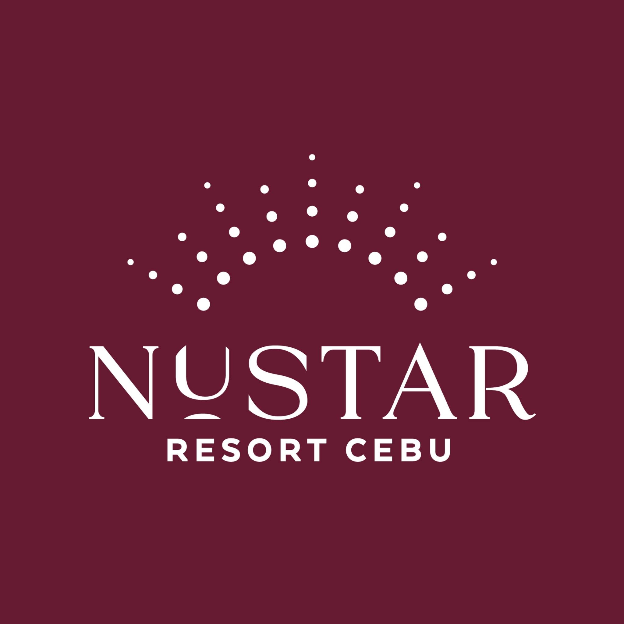 Nustar Resort and Casino Nustar Resort Cebu logo featuring the white text 'NUSTAR RESORT CEBU' below a crown-like constellation of white dots, set against a deep maroon background. Branding for the luxury integrated resort in Cebu, Philippines