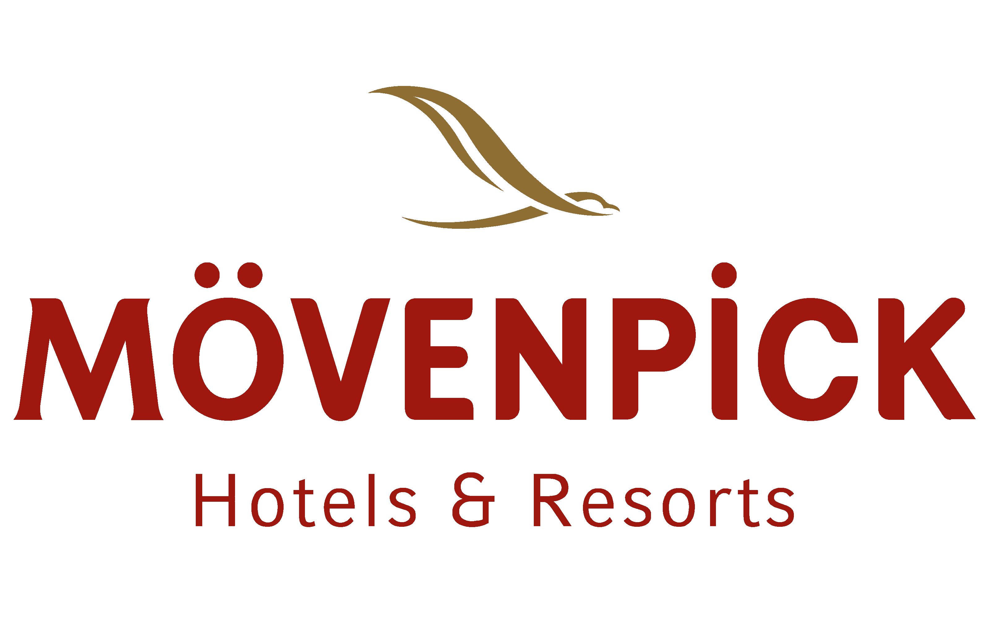 Movenpick Hotels & Resorts Mövenpick Hotels & Resorts logo featuring the name in red text with an umlaut over the 'O' and a golden, stylized soaring bird or seagull icon above it. Luxury hotel and resort branding.