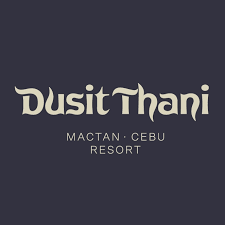 Dusit Thani Mactan Dusit Thani Mactan Cebu Resort logo, featuring elegant, stylized cursive text in light beige on a dark background, marketing the luxury resort in Mactan, Cebu, Philippines